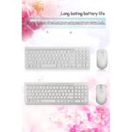 Wireless keyboard and mouse set with long battery life, shown from two angles against a pink floral backdrop.