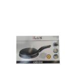Box packaging for iLux crêpière crepe maker, showing a black textured nonstick pan with a long handle.