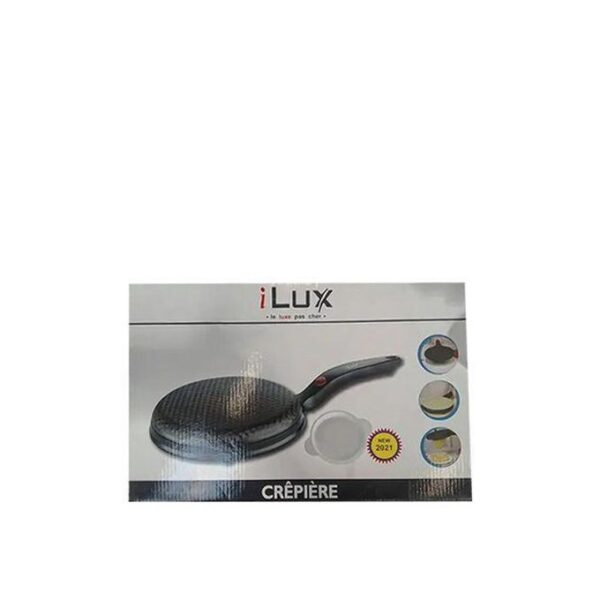 Box packaging for iLux crêpière crepe maker, showing a black textured nonstick pan with a long handle.