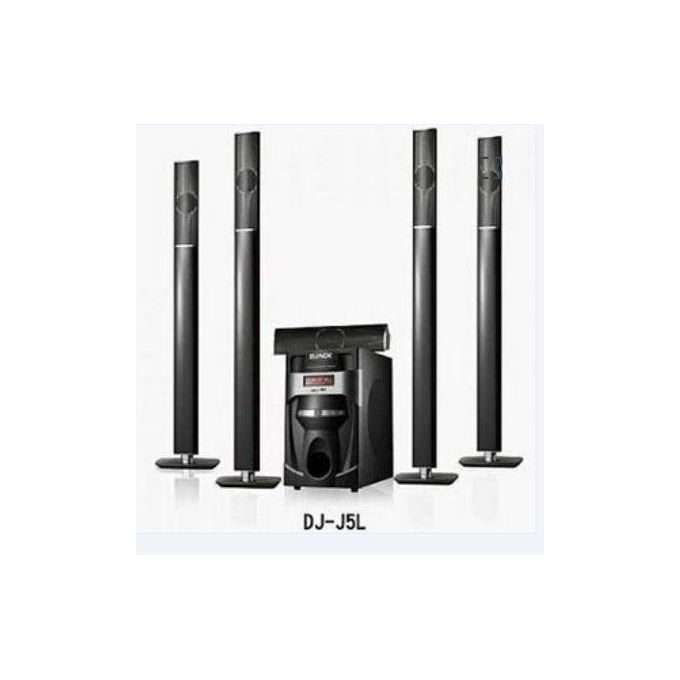 DJ-J5L five-piece home theater speaker system with a central subwoofer and four tall floor-standing speakers.1