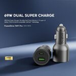 Marketing image for 69W Dual Super Charge car charger with AniFast tech; shows two USB ports on a round charger against a blue gradient background.