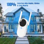 Promotional graphic showing a white wireless security device hovering in front of a modern house, indicating 100% coverage and dead‑zone elimination.