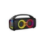 Rugged portable Bluetooth speaker with two circular RGB light rings and a carry handle, black mesh grille.
