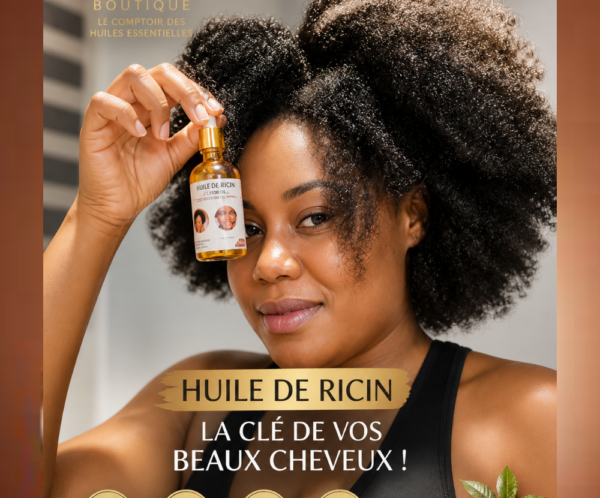 Woman with natural hair holds a castor oil bottle up to her eye, advertising Huile de Ricin by Naira Boutique.