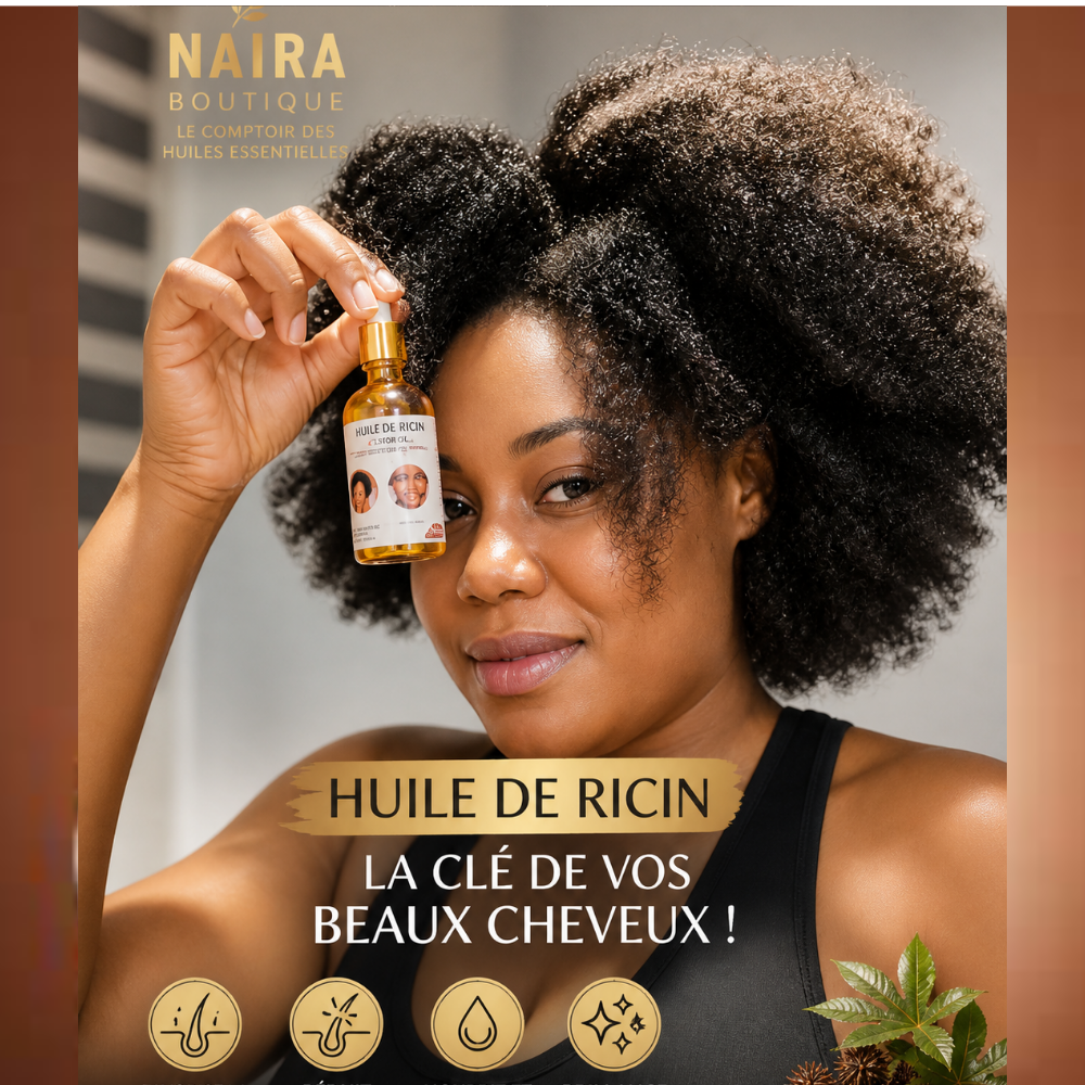 3 Woman with natural hair holds a castor oil bottle up to her eye, advertising Huile de Ricin by Naira Boutique.