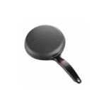 Round non-stick frying pan with a textured, dimpled cooking surface and a long black handle.
