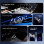 Collage of car chargers and ports with feature banners like Dual Charger, AniFast Technology, 9 Layers of Safety, and PD/QC3.0 compatibility.