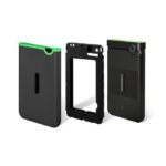 Three-piece modular phone case for a black smartphone: back shell with a green lip, a middle frame, and the phone with the camera module attached on the right