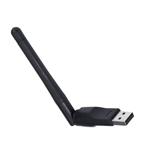 USB Wi‑Fi wireless dongle with external antenna, black rectangular USB plug