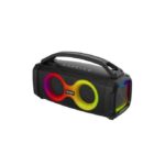 Portable Bluetooth speaker with two circular RGB LED rings and a top carry handle.