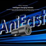 Car charger with USB port featured against a blue neon backdrop promoting AniFast Intelligent Charging Solution.