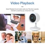 Layout for Video Playback feature: heading 'Video Playback', a white security camera on the right, and a person on a laptop video call with a phone beside it; below are three thumbnails showing a couple, a child, and a shop interior.