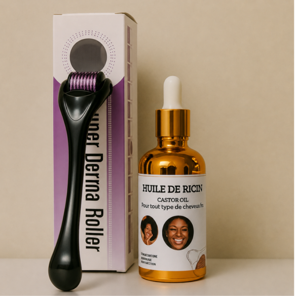 Gold castor oil bottle with dropper beside a boxed derma roller on a beige surface.