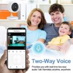 Smiling family on a couch with a wall-mounted security camera; a smartphone screen shows a Smart Camera app and a two-way voice icon.