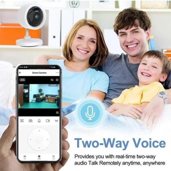 Smiling family on a couch with a wall-mounted security camera; a smartphone screen shows a Smart Camera app and a two-way voice icon.