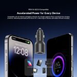 Promotional car charger between two smartphones showing fast charging and PD3.0/QC3.0 compatibility with the slogan 'Accelerated Power for Every Device'.