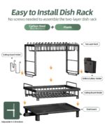 Infographic of a two-layer dish rack with carbon steel frame and plastic components, showing labeled holders and tray area.