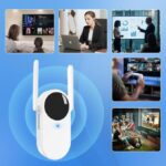 White wireless router with two antennas on a blue background, surrounded by five thumbnails of streaming, work, and gaming.