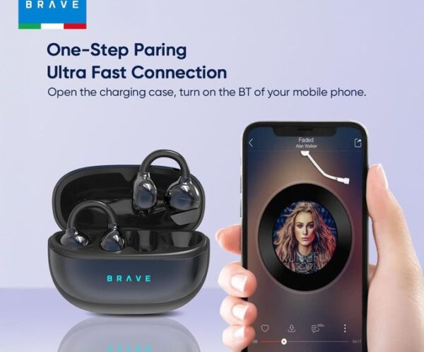 Wireless earbuds in open charging case beside a smartphone showing a music app, advertising one-step pairing and fast Bluetooth connection for BRAVE earbuds.