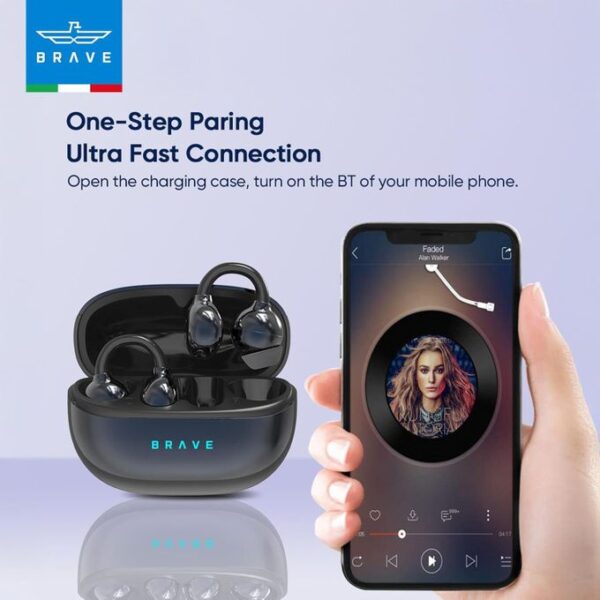 Wireless earbuds in open charging case beside a smartphone showing a music app, advertising one-step pairing and fast Bluetooth connection for BRAVE earbuds.