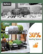 Before and After: crowded countertop with dishes and utensils, then an organized dish rack saving space.
