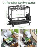Two‑tier dish drying rack with upper and lower shelves, measuring about 15.94 x 12.04 x 13.39 inches, including a side utensil holder.