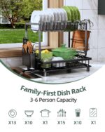 Two‑tier dish rack on a kitchen counter holding white and green plates, cups, and utensils, with the caption 'Family-First Dish Rack 3-6 Person Capacity' in the foreground.