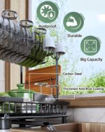 Dishwasher rack with green circular icons highlighting rustproof carbon steel, durability, and large capacity features labeled on the image.