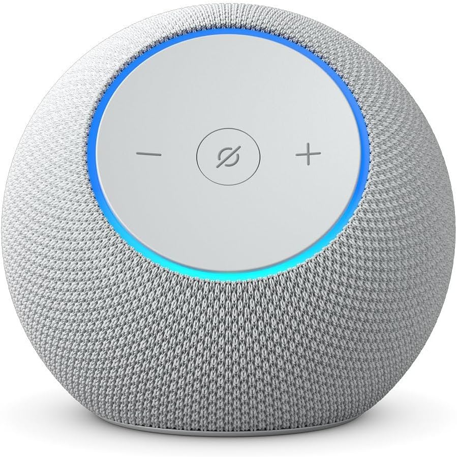 71mJettZj8L._AC_SL1500_ Spherical smart speaker with gray fabric exterior and a circular control panel displaying minus, mute, and plus symbols, surrounded by a blue LED ring.