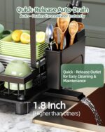 Infographic promoting a Quick-Release Auto-Drain system that drains excess water instantly, with dishes and utensils in view.