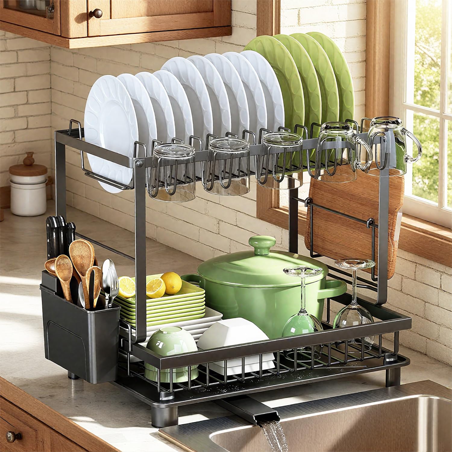 81AfI78ygOL._SL1500_ Dish drying rack with white and green plates, mugs, and glassware drying over a kitchen sink area.