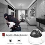 Masked burglar entering a modern living room, highlighted by red targeting rings beside a dome security camera and a 'Sensitive Motion Detection' promo banner.