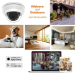 Collage of a security camera, slogan 'Indoors and Outdoors Easy Installation', storefront, living room, bedroom, dog on couch, laptop and mobile devices showing security footage.