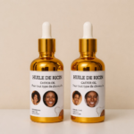 Pair of amber glass castor oil dropper bottles with white labels and smiling-face images on the labels, standing side by side on a beige background.