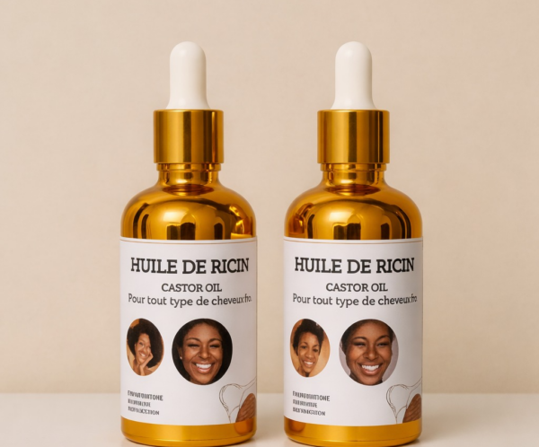 Pair of amber glass castor oil dropper bottles with white labels and smiling-face images on the labels, standing side by side on a beige background.