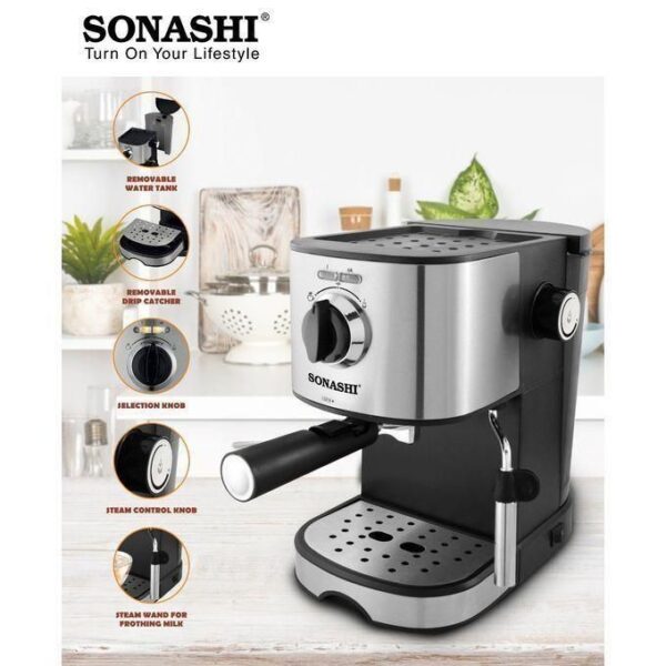 Stainless steel Sonashi espresso machine on a kitchen counter with labeled features: removable water tank, removable drip catcher, selection knob, steam control knob, and steam wand for frothing milk.