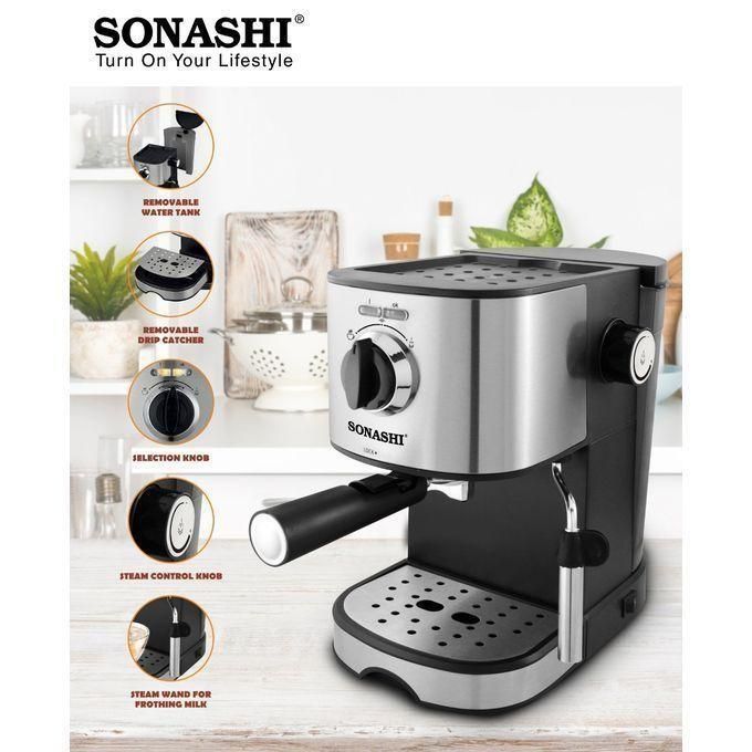 1 (1) Stainless steel Sonashi espresso machine on a kitchen counter with labeled features: removable water tank, removable drip catcher, selection knob, steam control knob, and steam wand for frothing milk.