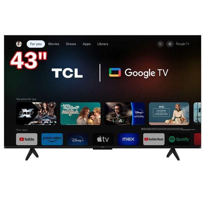 1 (1) 43-inch TCL Google TV on a stand, home screen with app thumbnails across the bottom
