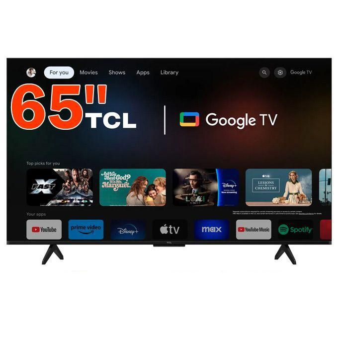 1 (1) 65-inch TCL Google TV on a stand, displaying the Google TV home screen with app thumbnails and navigation bar