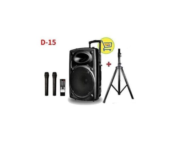 D-15 portable speaker with two wireless mics, remote, and tripod stand included.