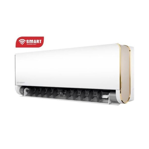 White wall-mounted split AC indoor unit with gold-edged casing and open vent blades. A Smart Technology logo is visible on the left.