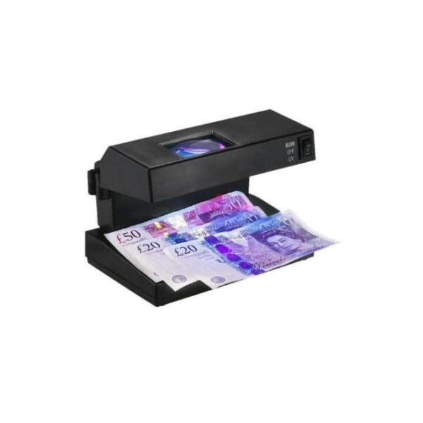 Money counting machine processing British pound banknotes (£20/£50).