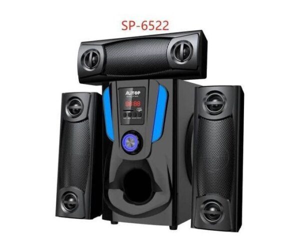 Black 2.1 speaker system with a central subwoofer and two satellite speakers; model SP-6522.