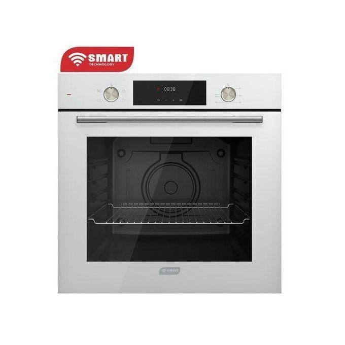 1 (11) Stainless steel built-in oven with a digital display and two control knobs, door open showing interior rack; SMART TECHNOLOGY badge on top-left.