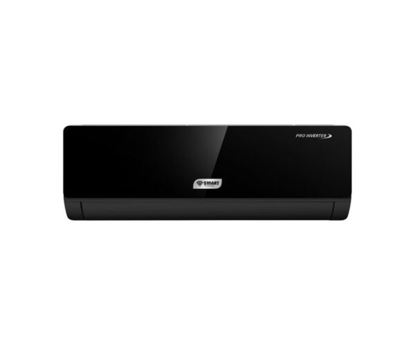 Black wall-mounted inverter air conditioner indoor unit with a glossy front panel and a small Smart logo on the center-left.