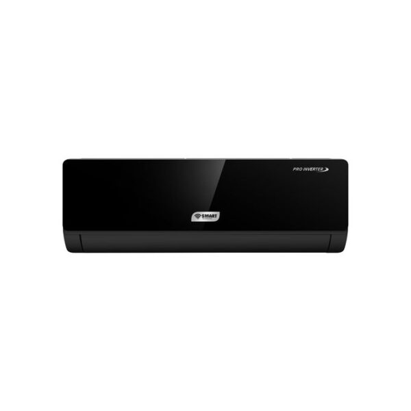 Black wall-mounted inverter air conditioner indoor unit with a glossy front panel and a small Smart logo on the center-left.