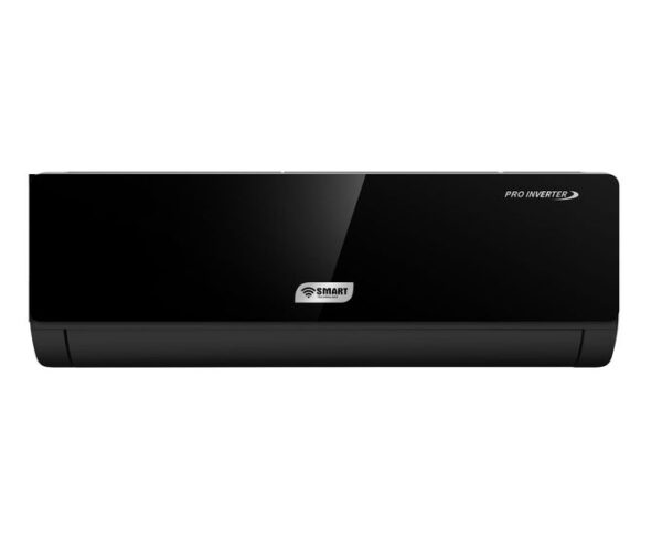Black wall-mounted split air conditioner indoor unit with glossy front panel and Smart label (inverter model)
