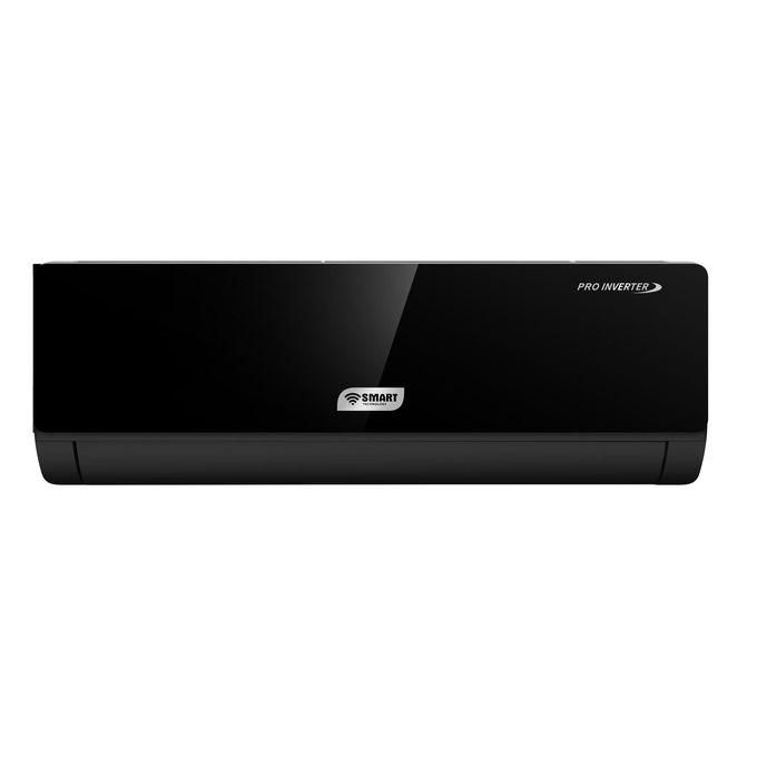 1 (13) Black wall-mounted split air conditioner indoor unit with glossy front panel and Smart label (inverter model)