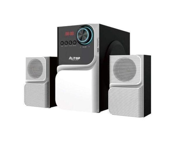 Alitop 3-piece home speaker system: central black subwoofer with blue dial, flanked by two white satellite speakers.
