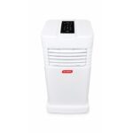 White portable air cooler with a black top control panel and horizontal front vents.